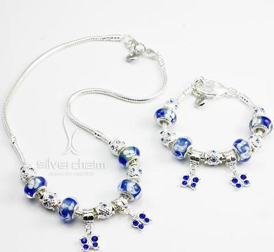 PA0093 蓝白流彩套装可单卖 镶钻合金珠子 蓝色水晶琉璃